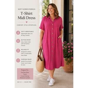 Soft Surroundings T-shirt Midi Dress Short Sleeve Pink SZ1X Button Front Casual